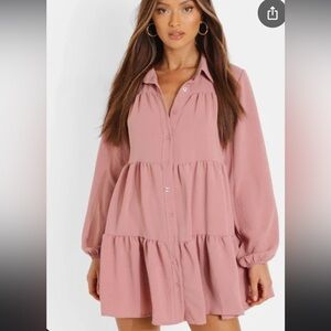Boohoo Pink Tiered Shirt Dress